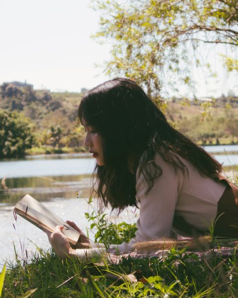 woman reading book and lying forward on sheet on grass beside body of water during day