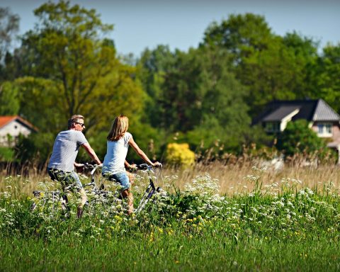 Vriendinnen fietsen samen door een groen Nederlands polderlandschap